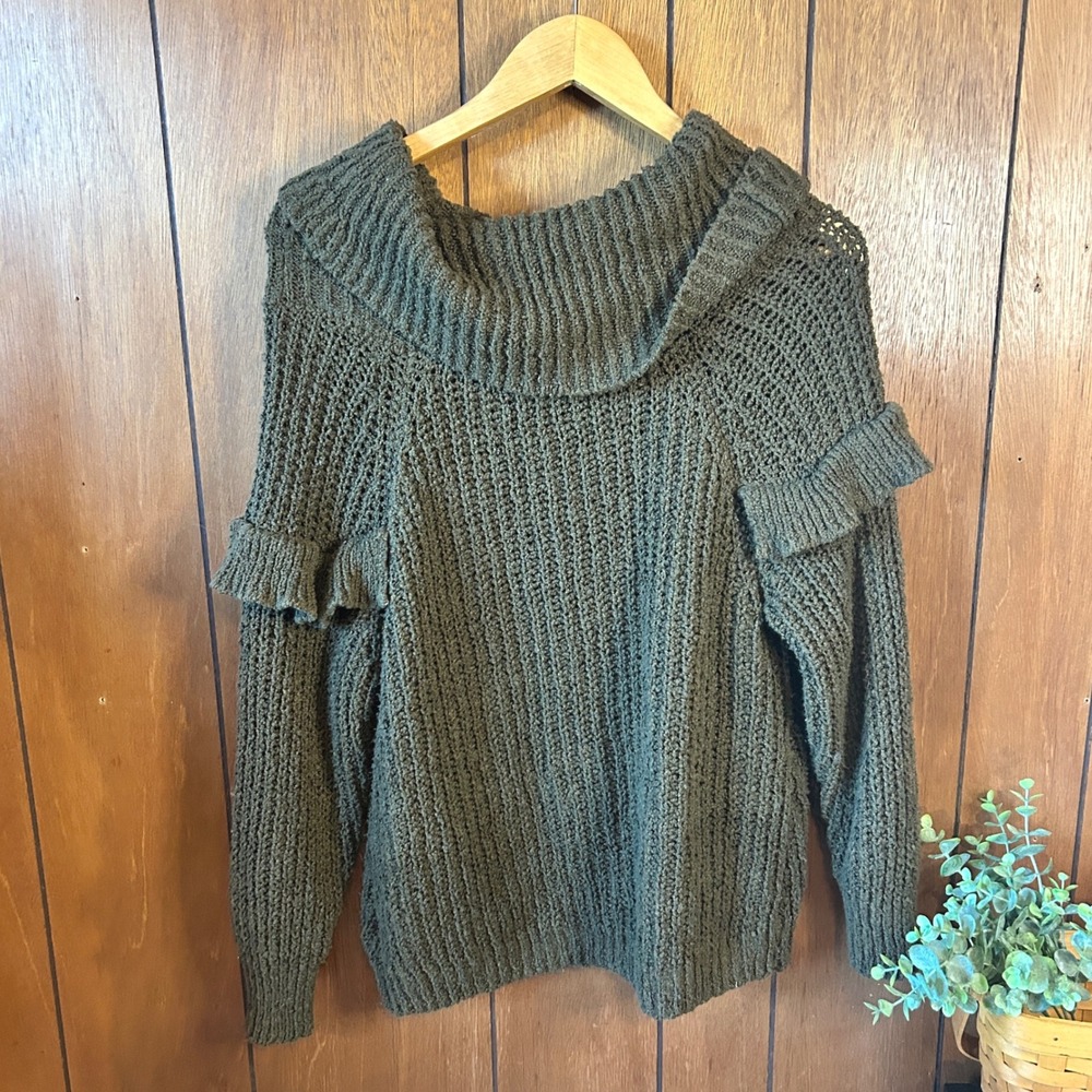 Express Olive Green Knit Ruffle Trim Cowl Neck Long Sleeve Sweater